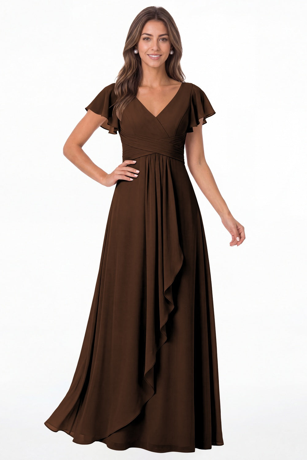 Brown V-Neck Flutter Sleeve Chiffon Ruffle Maxi Gown - Front View