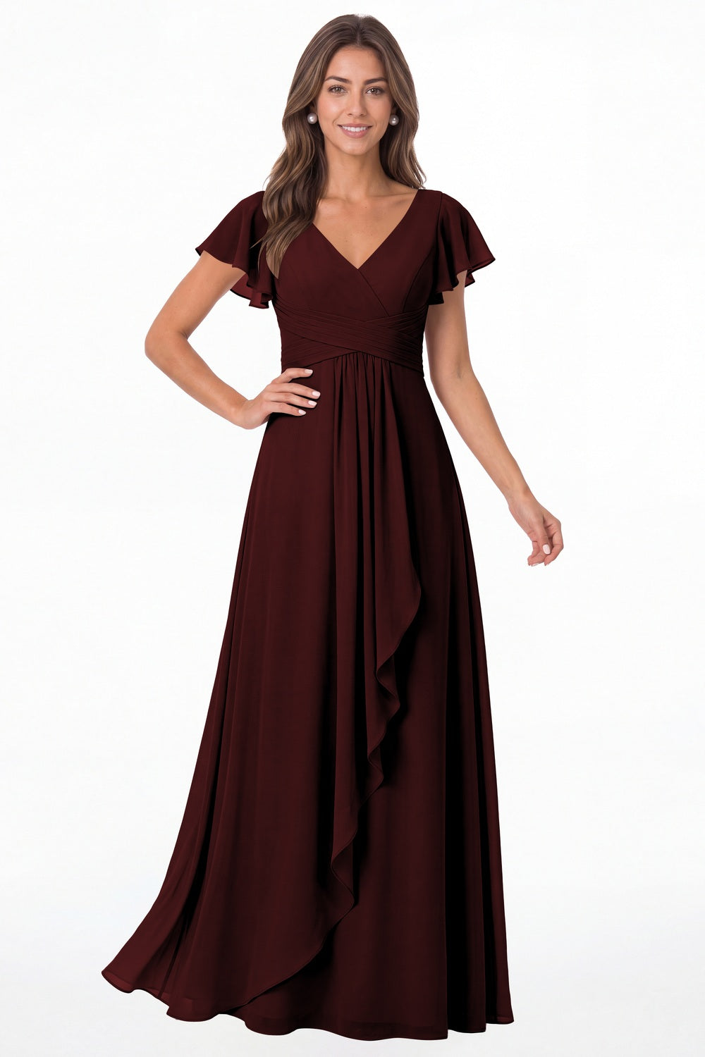 Burgundy V-Neck Flutter Sleeve Chiffon Ruffle Maxi Gown - Front View