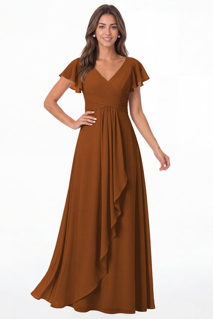 Burnt Orange V-Neck Flutter Sleeve Chiffon Ruffle Maxi Gown - Front View