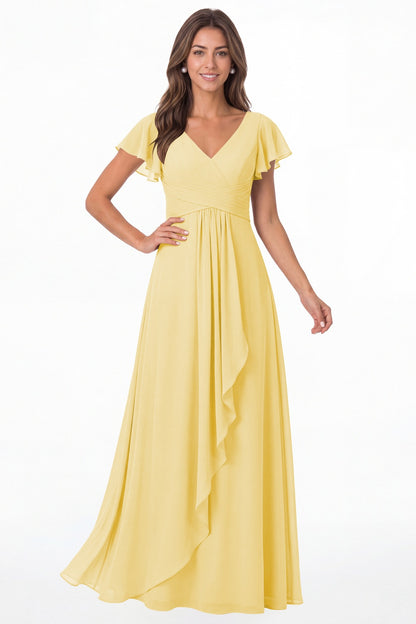 Butter Yellow V-Neck Flutter Sleeve Chiffon Ruffle Maxi Gown - Front View