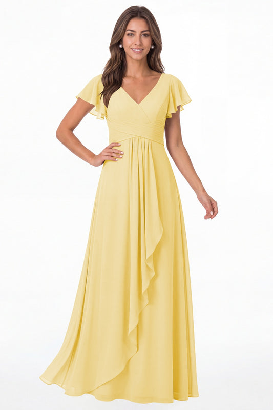 Butter Yellow V-Neck Flutter Sleeve Chiffon Ruffle Maxi Gown - Front View