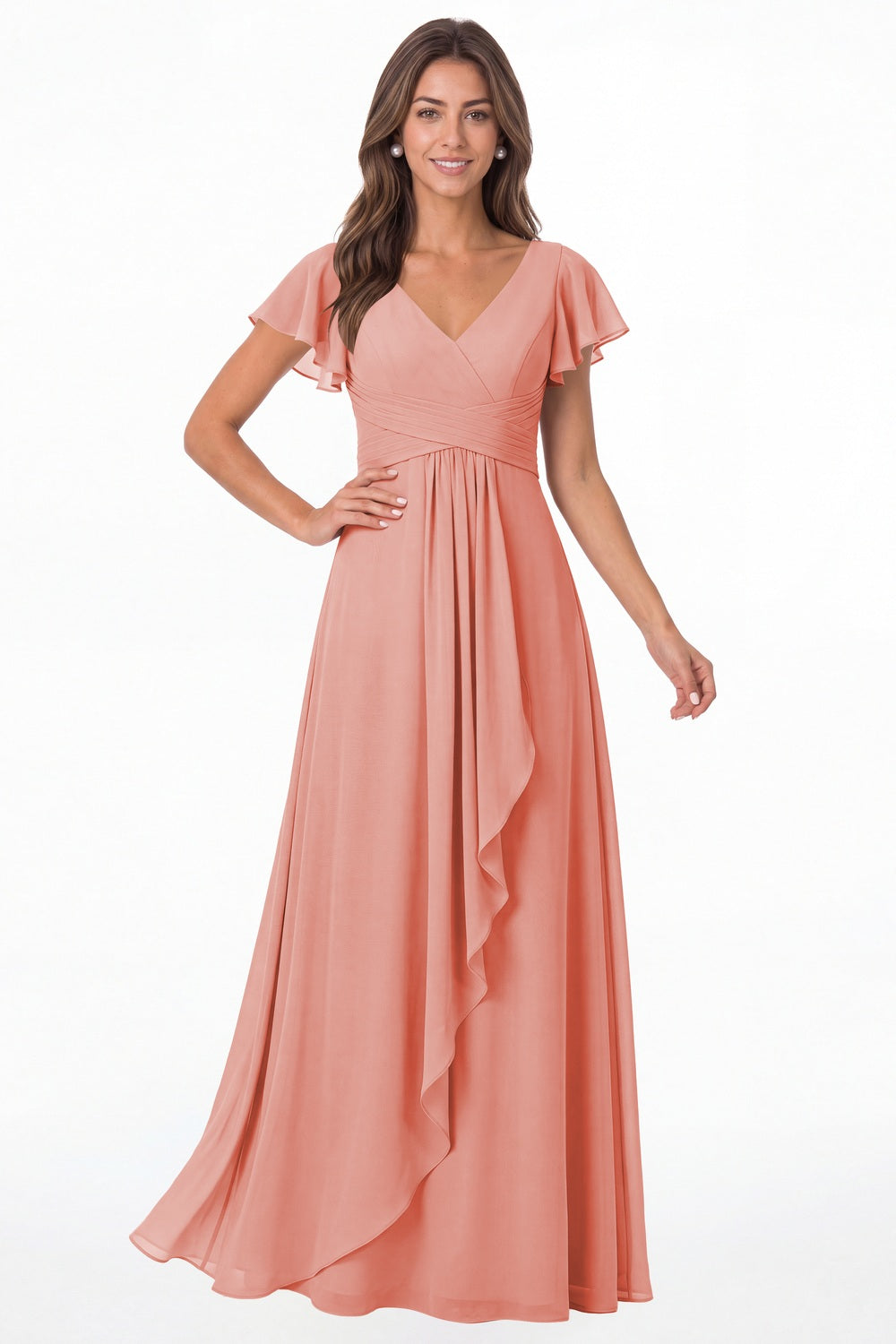 Coral V-Neck Flutter Sleeve Chiffon Ruffle Maxi Gown - Front View