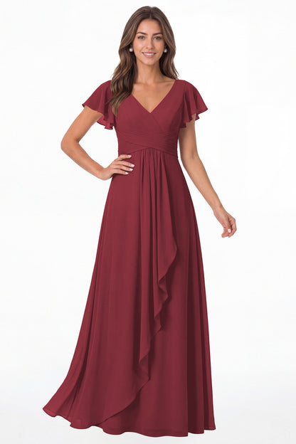 Desert Rose V-Neck Flutter Sleeve Chiffon Ruffle Maxi Gown - Front View