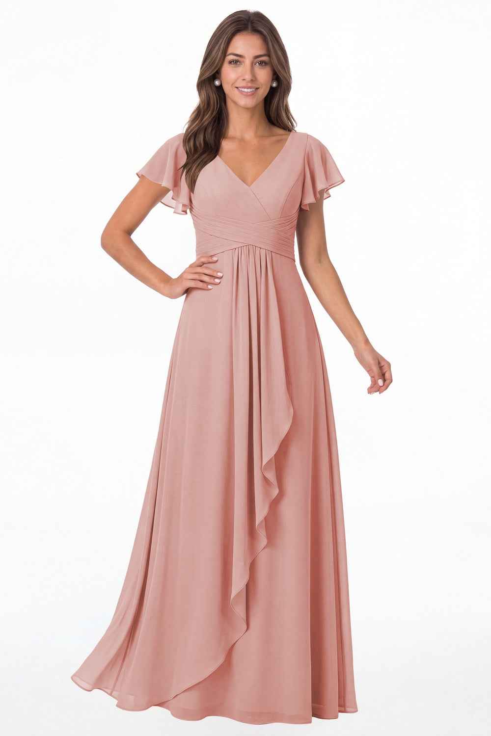 Dusty Rose V-Neck Flutter Sleeve Chiffon Ruffle Maxi Gown - Front View