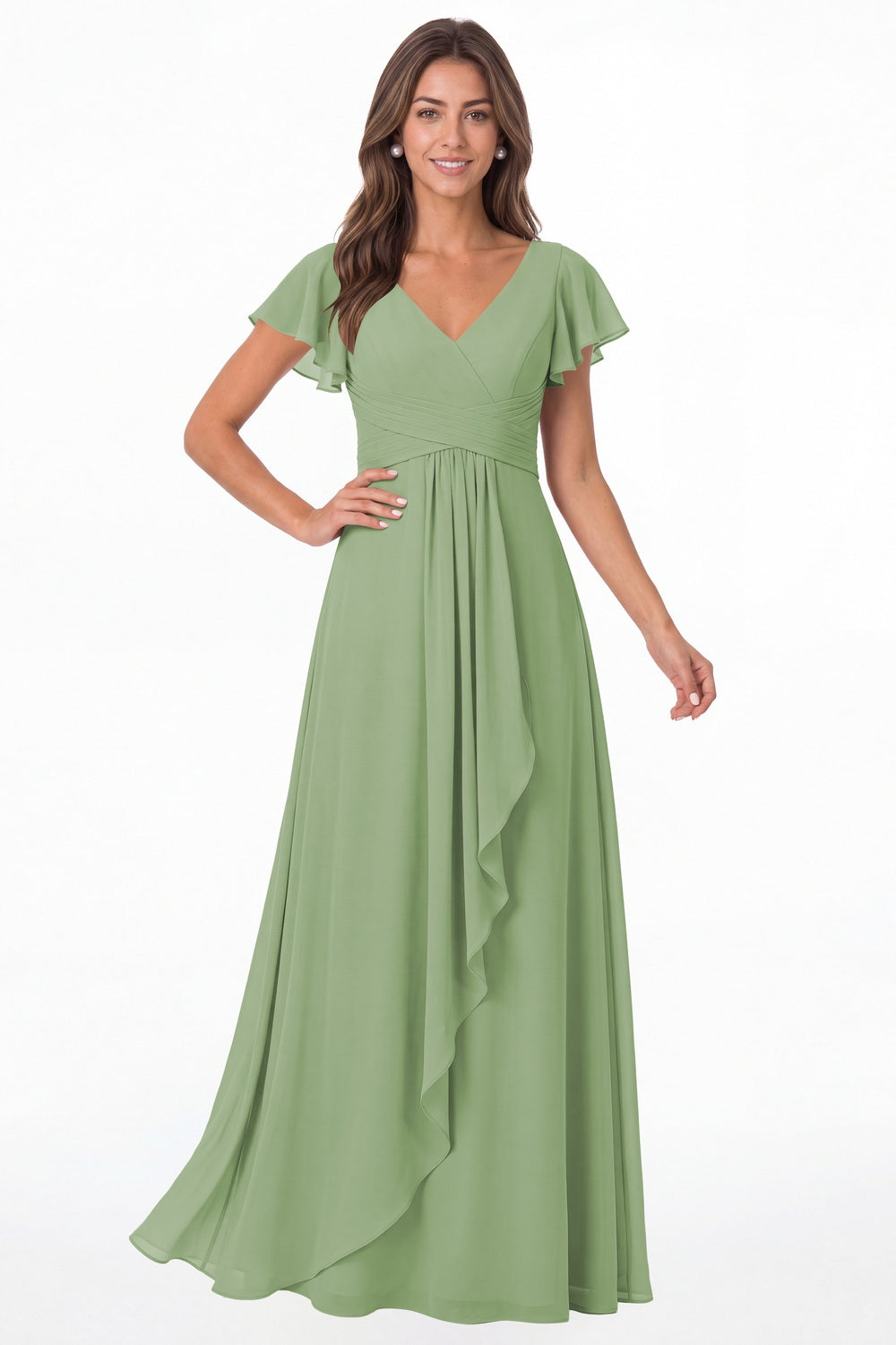 Dusty Sage V-Neck Flutter Sleeve Chiffon Ruffle Maxi Gown - Front View