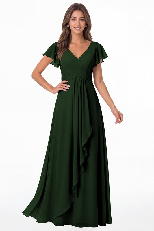 Emerald Green V-Neck Flutter Sleeve Chiffon Ruffle Maxi Gown - Front View