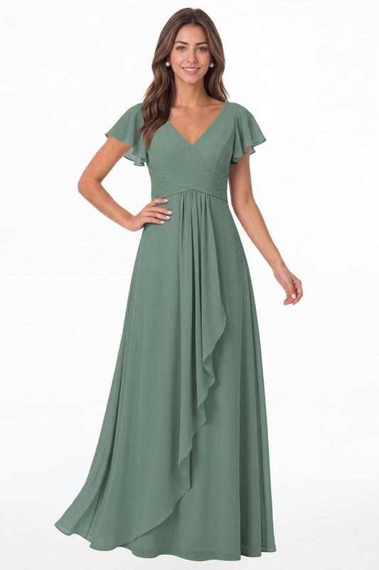 Eucalyptus V-Neck Flutter Sleeve Chiffon Ruffle Maxi Gown - Front View
