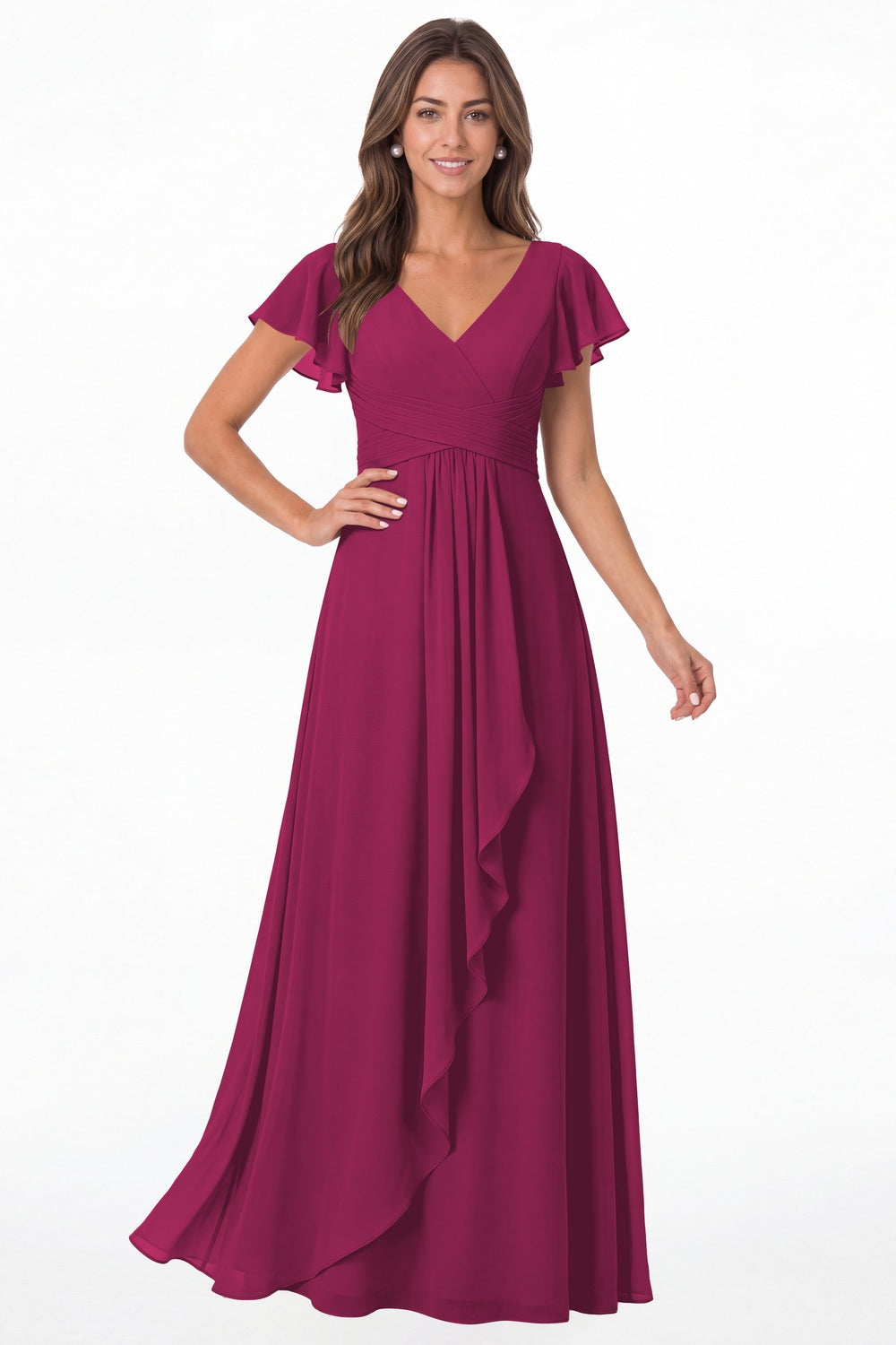 Fuchsia V-Neck Flutter Sleeve Chiffon Ruffle Maxi Gown - Front View