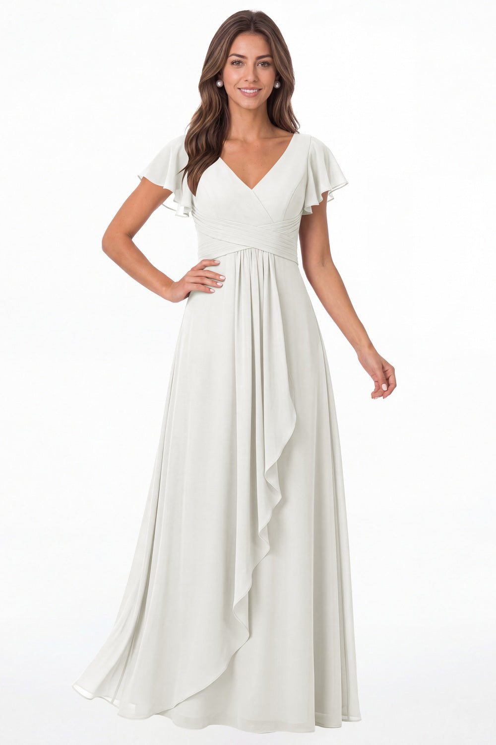 Ivory V-Neck Flutter Sleeve Chiffon Ruffle Maxi Gown - Front View
