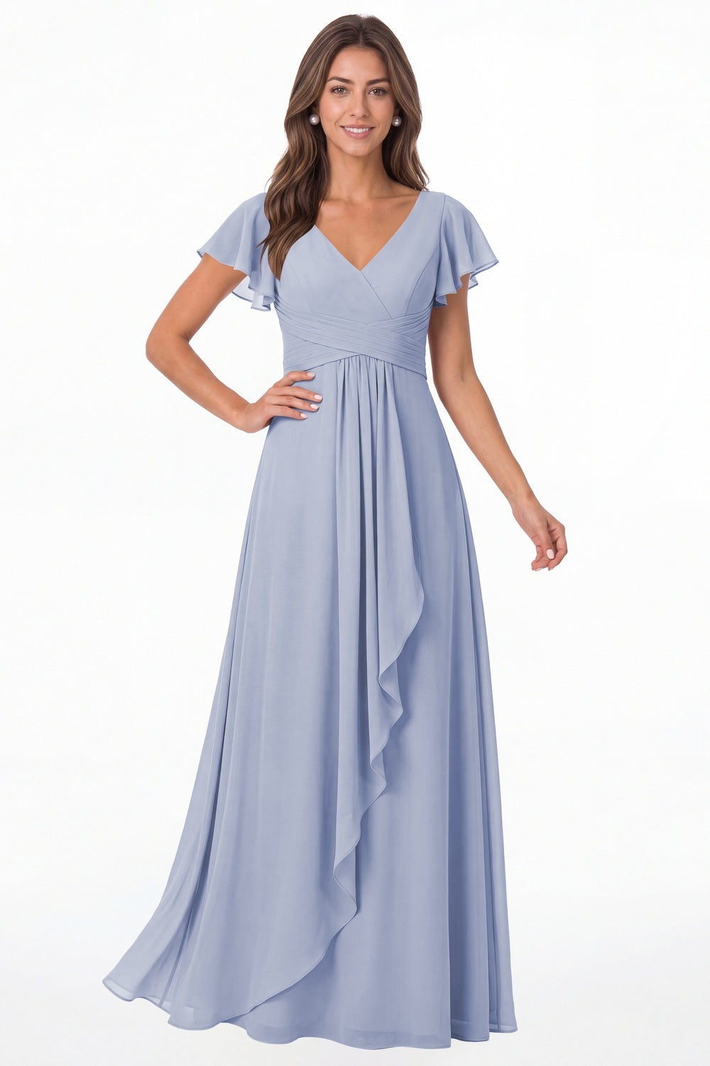 Lavender V-Neck Flutter Sleeve Chiffon Ruffle Maxi Gown - Front View