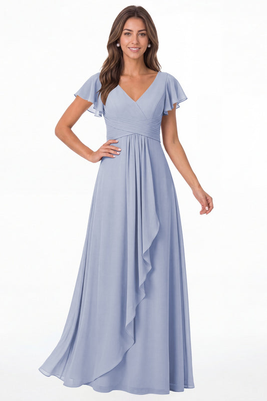 Lavender V-Neck Flutter Sleeve Chiffon Ruffle Maxi Gown - Front View