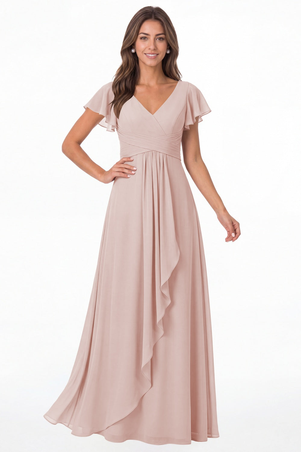 Light Pink V-Neck Flutter Sleeve Chiffon Ruffle Maxi Gown - Front View