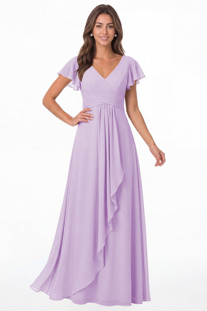 Lilac V-Neck Flutter Sleeve Chiffon Ruffle Maxi Gown - Front View
