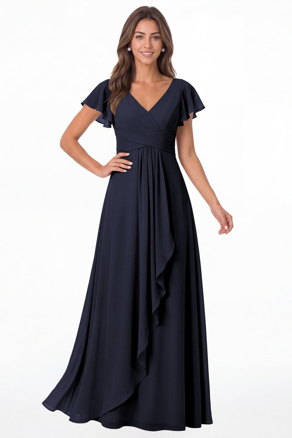 Navy Blue V-Neck Flutter Sleeve Chiffon Ruffle Maxi Gown - Front View