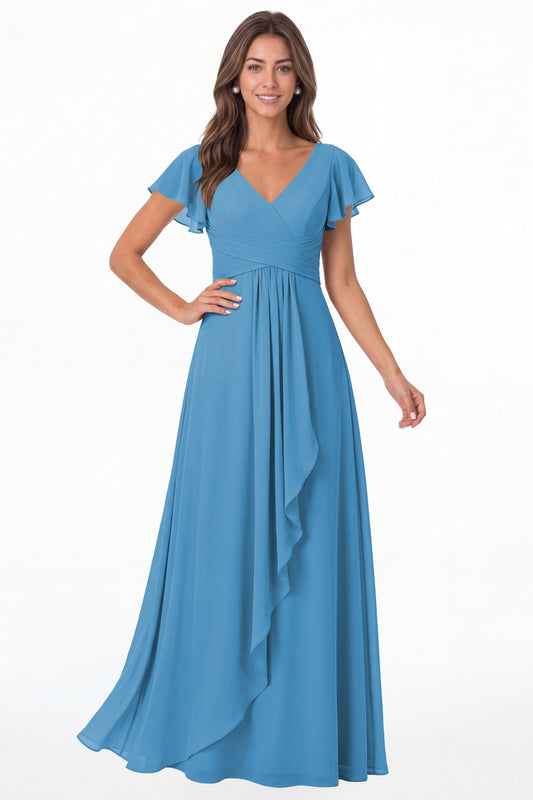 Ocean Blue V-Neck Flutter Sleeve Chiffon Ruffle Maxi Gown - Front View
