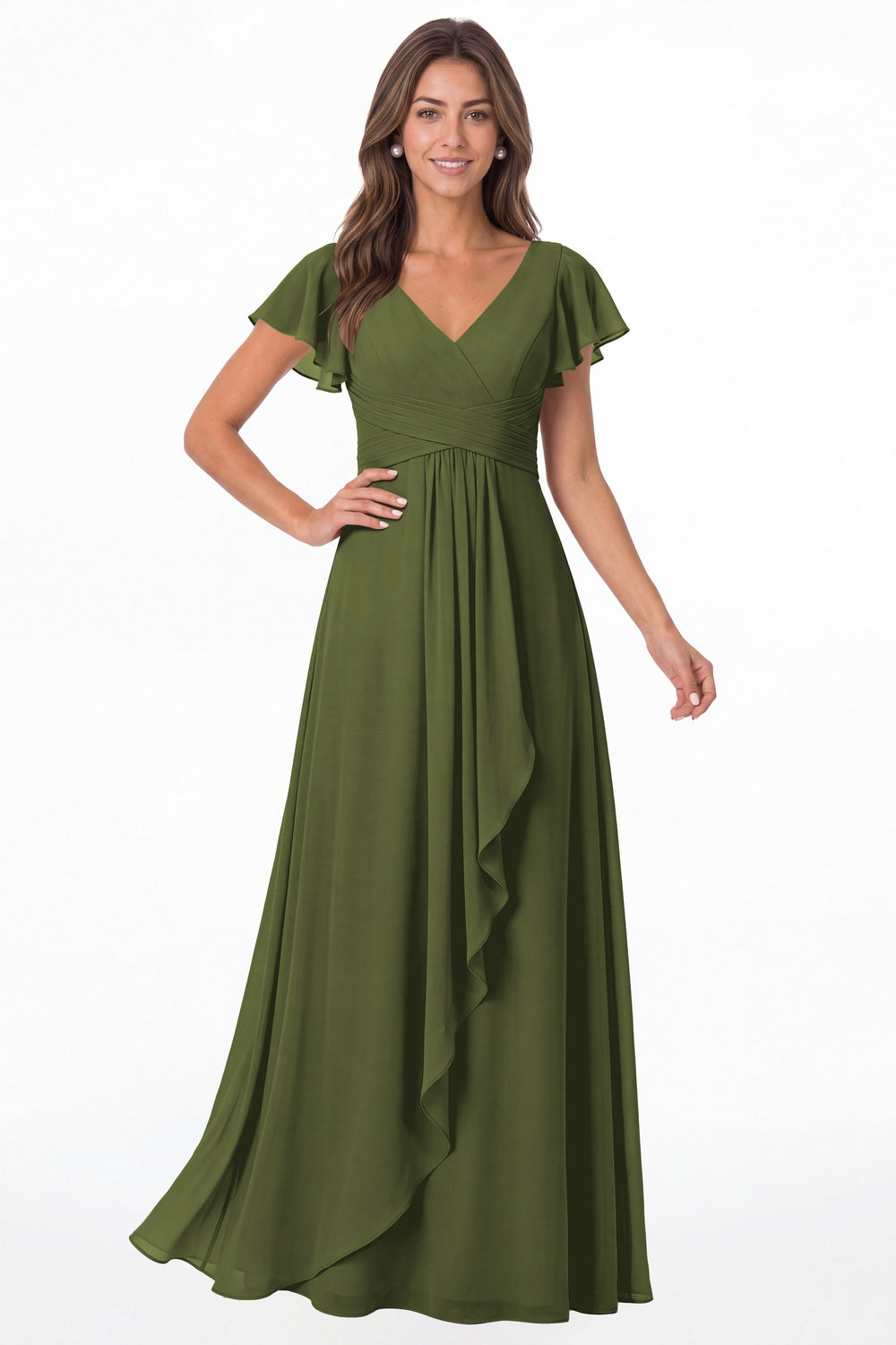 Olive Green V-Neck Flutter Sleeve Chiffon Ruffle Maxi Gown - Front View
