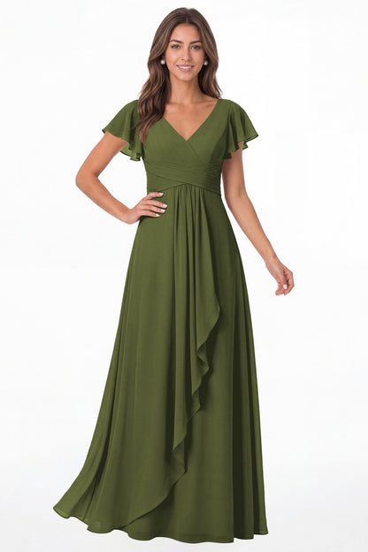 Olive Green V-Neck Flutter Sleeve Chiffon Ruffle Maxi Gown - Front View