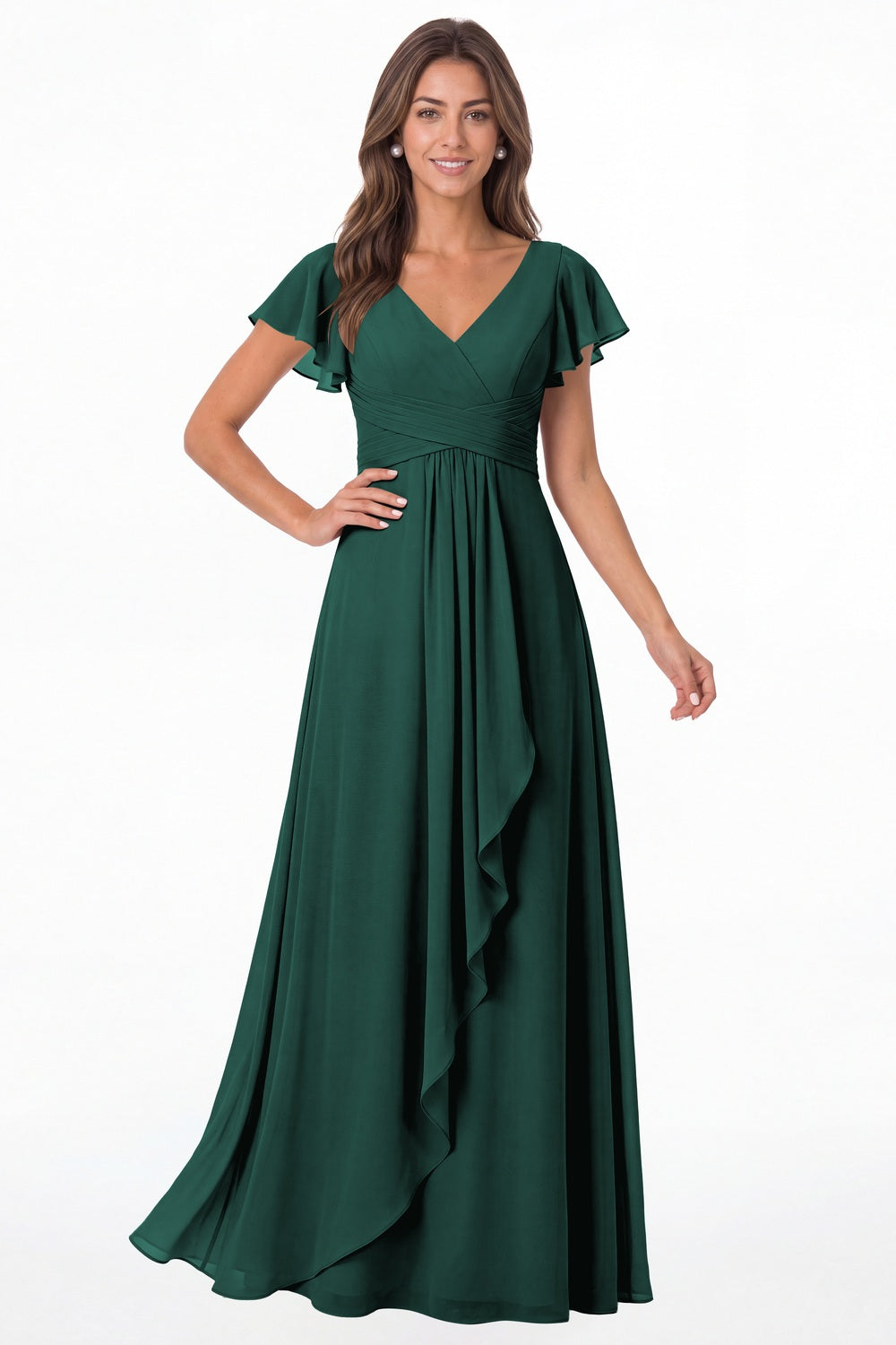 Peacock V-Neck Flutter Sleeve Chiffon Ruffle Maxi Gown - Front View