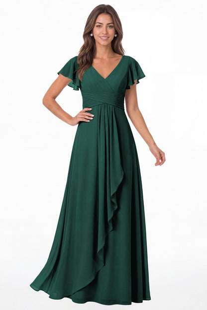 Peacock V-Neck Flutter Sleeve Chiffon Ruffle Maxi Gown - Front View