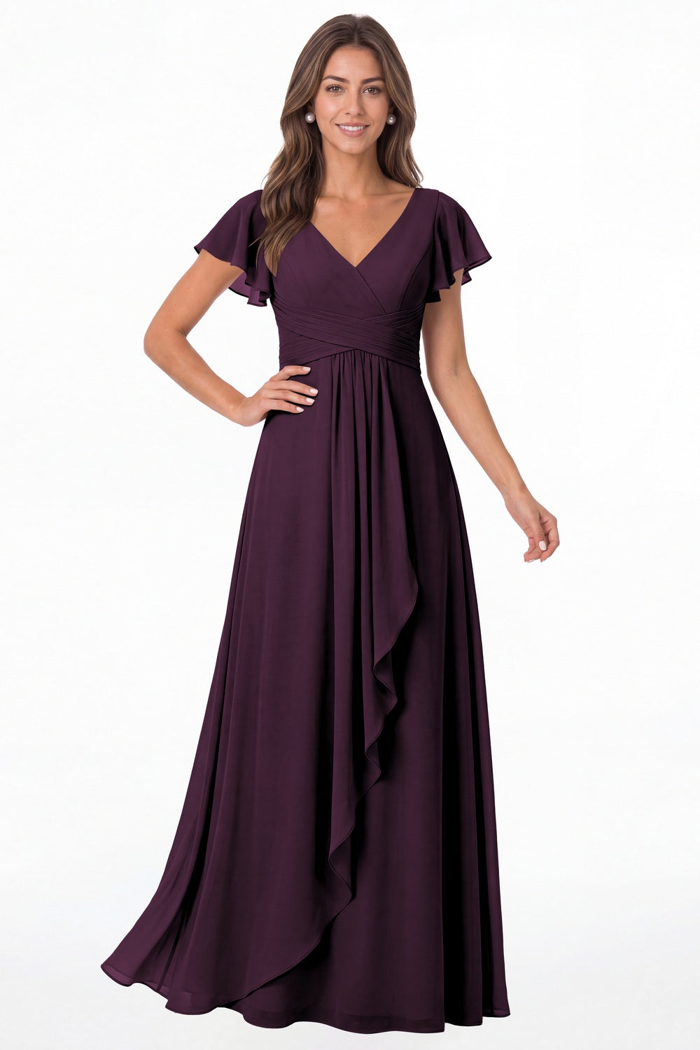 Plum V-Neck Flutter Sleeve Chiffon Ruffle Maxi Gown - Front View