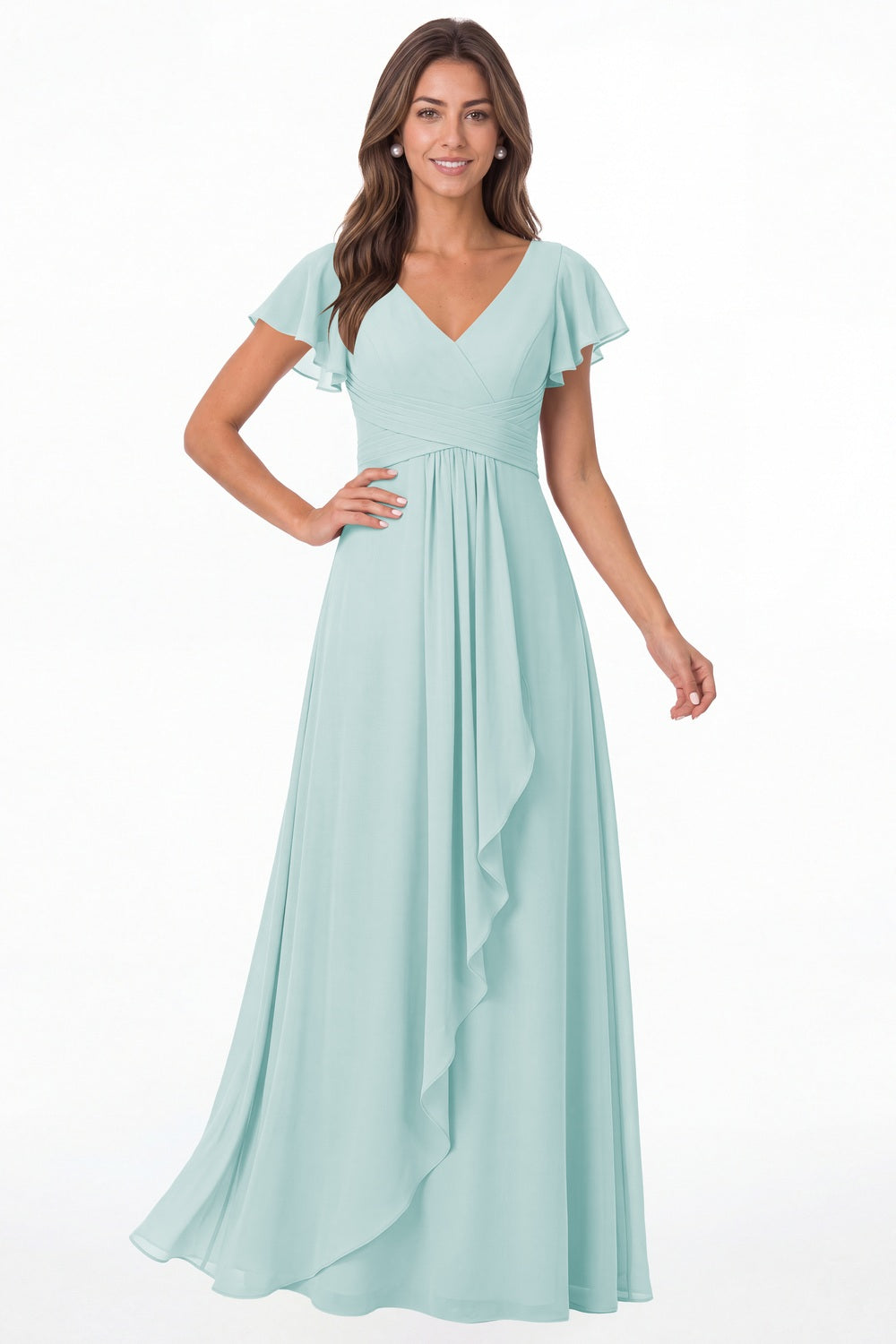 Powder Blue V-Neck Flutter Sleeve Chiffon Ruffle Maxi Gown - Front View