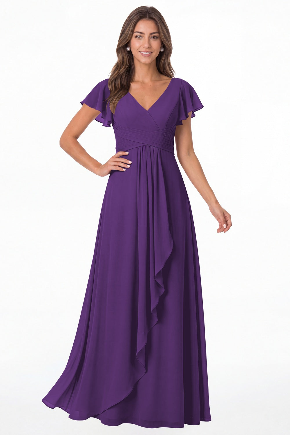 Purple V-Neck Flutter Sleeve Chiffon Ruffle Maxi Gown - Front View