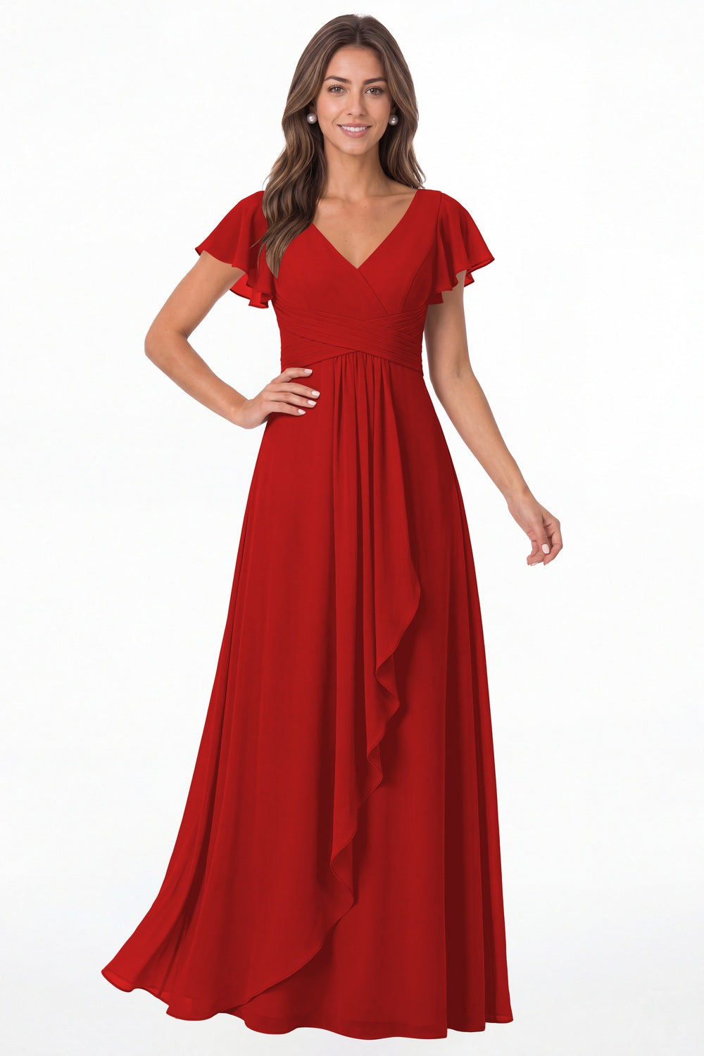 Red V-Neck Flutter Sleeve Chiffon Ruffle Maxi Gown - Front View