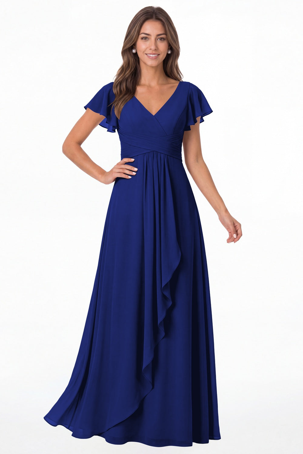 Royal Blue V-Neck Flutter Sleeve Chiffon Ruffle Maxi Gown - Front View