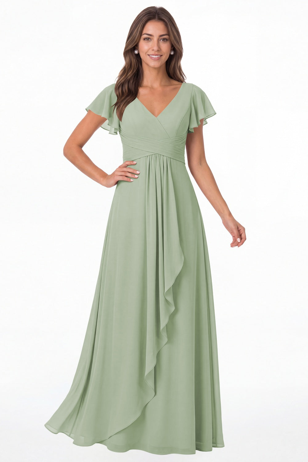 Sage Green V-Neck Flutter Sleeve Chiffon Ruffle Maxi Gown - Front View
