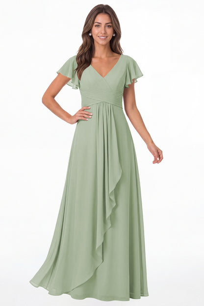 Sage Green V-Neck Flutter Sleeve Chiffon Ruffle Maxi Gown - Front View