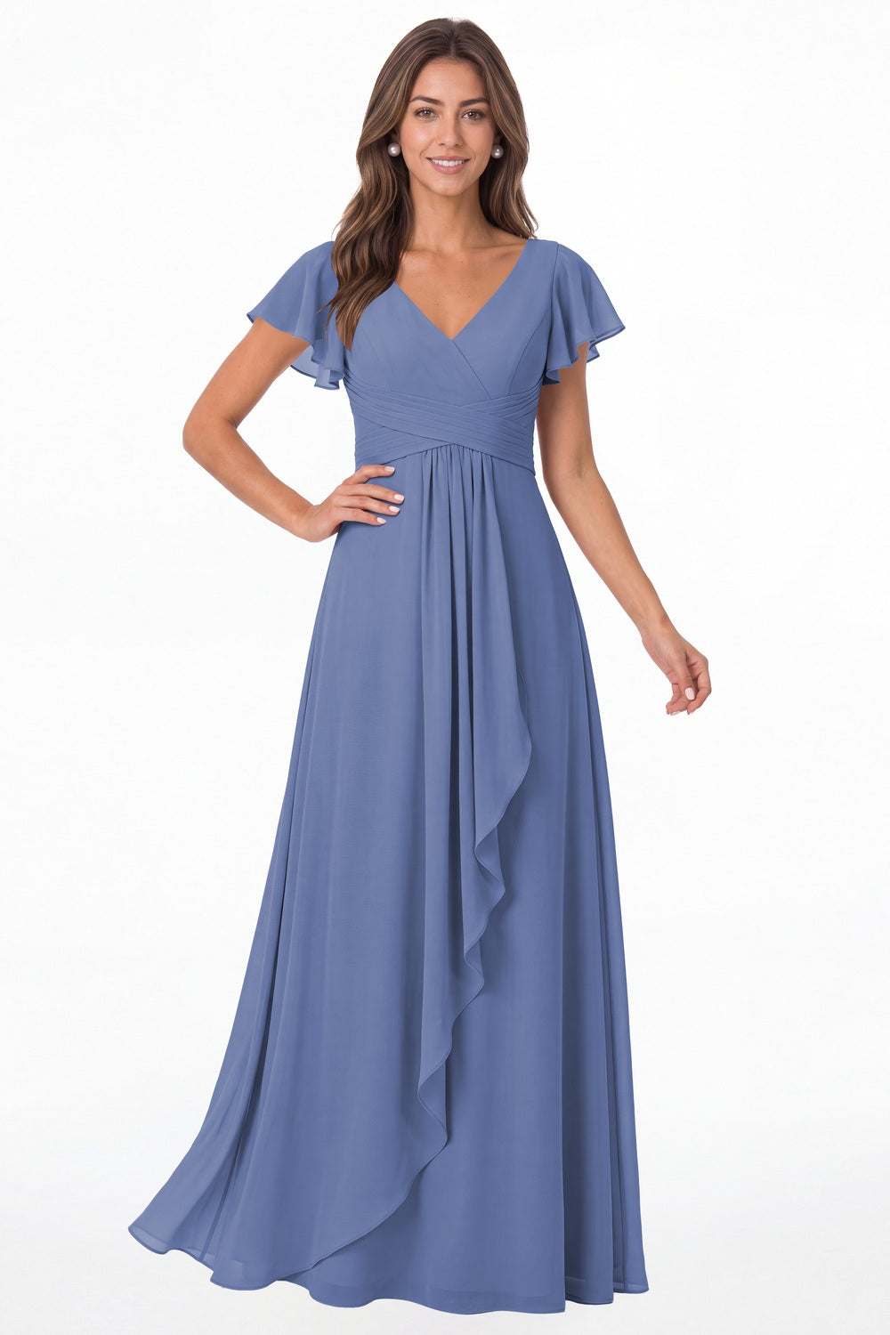 Steel Blue V-Neck Flutter Sleeve Chiffon Ruffle Maxi Gown - Front View