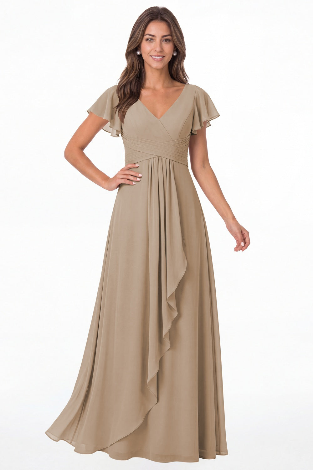 Taupe V-Neck Flutter Sleeve Chiffon Ruffle Maxi Gown - Front View
