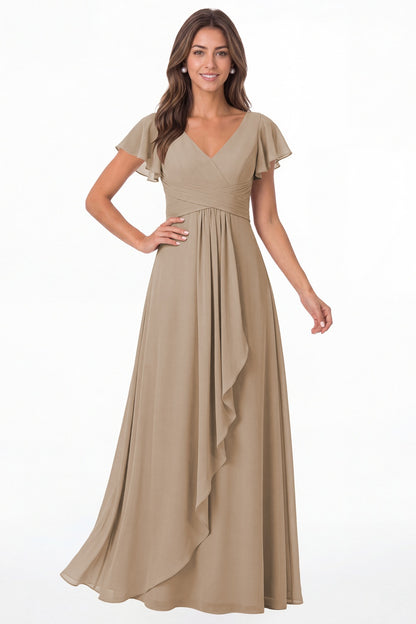 Taupe V-Neck Flutter Sleeve Chiffon Ruffle Maxi Gown - Front View