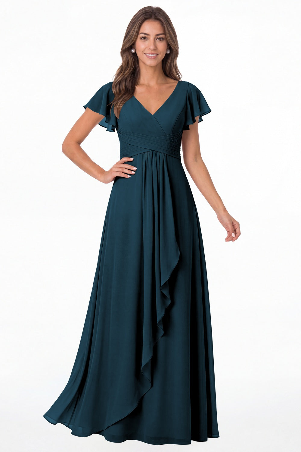 Teal V-Neck Flutter Sleeve Chiffon Ruffle Maxi Gown - Front View