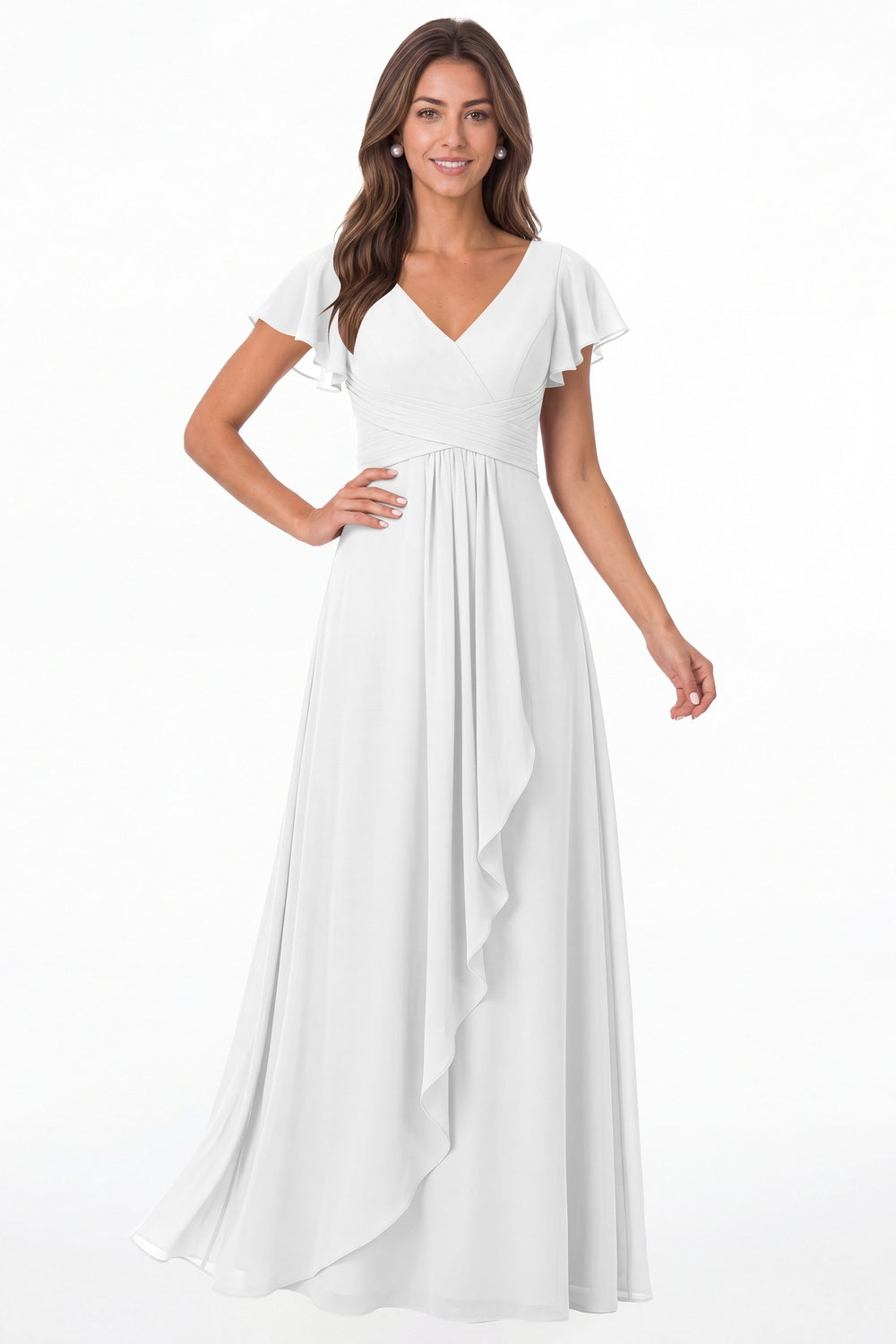 White V-Neck Flutter Sleeve Chiffon Ruffle Maxi Gown - Front View