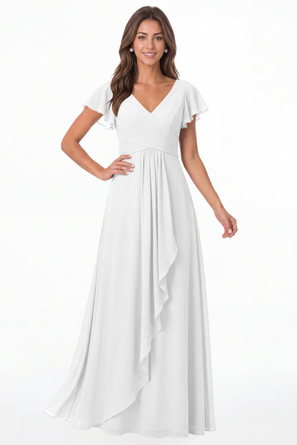 White V-Neck Flutter Sleeve Chiffon Ruffle Maxi Gown - Front View