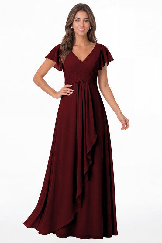 Wine Red V-Neck Flutter Sleeve Chiffon Ruffle Maxi Gown - Front View