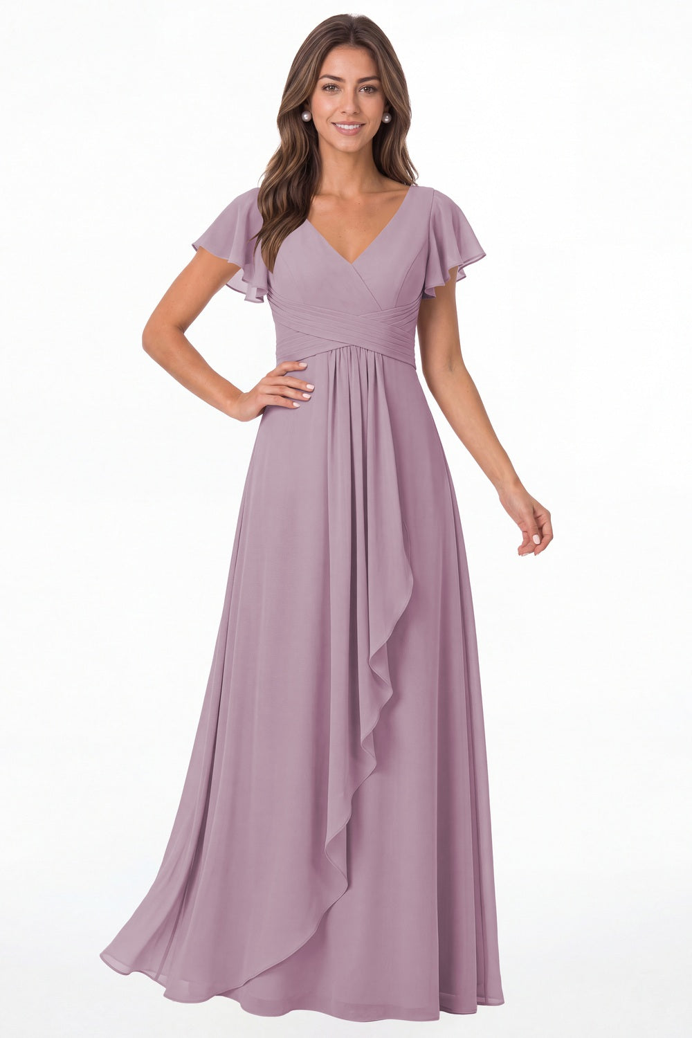 Wisteria V-Neck Flutter Sleeve Chiffon Ruffle Maxi Gown - Front View
