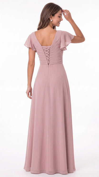 V-Neck Flutter Sleeve Chiffon Ruffle Maxi Gown - Back View