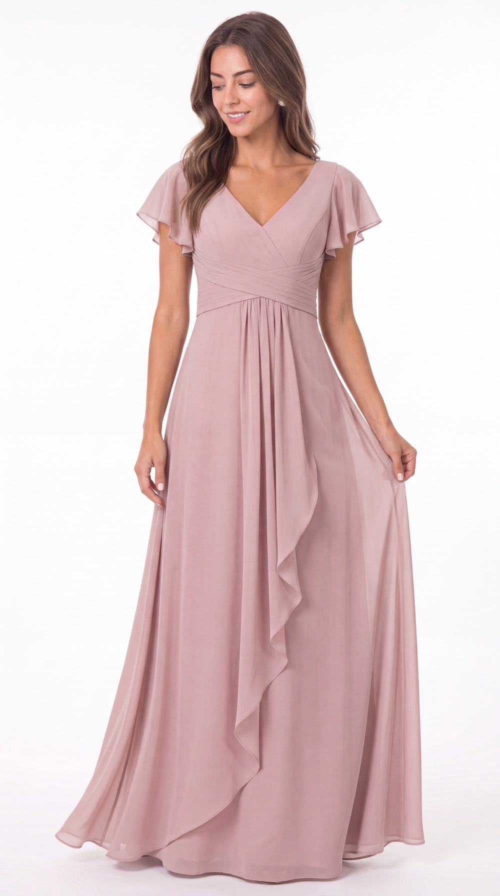 V-Neck Flutter Sleeve Chiffon Ruffle Maxi Gown - Detail View 1