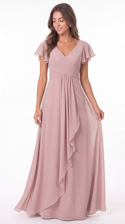 V-Neck Flutter Sleeve Chiffon Ruffle Maxi Gown - Detail View 1