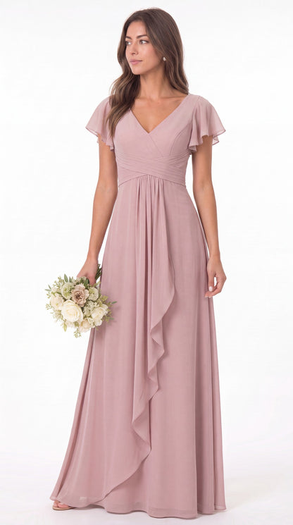 V-Neck Flutter Sleeve Chiffon Ruffle Maxi Gown - Detail View 3