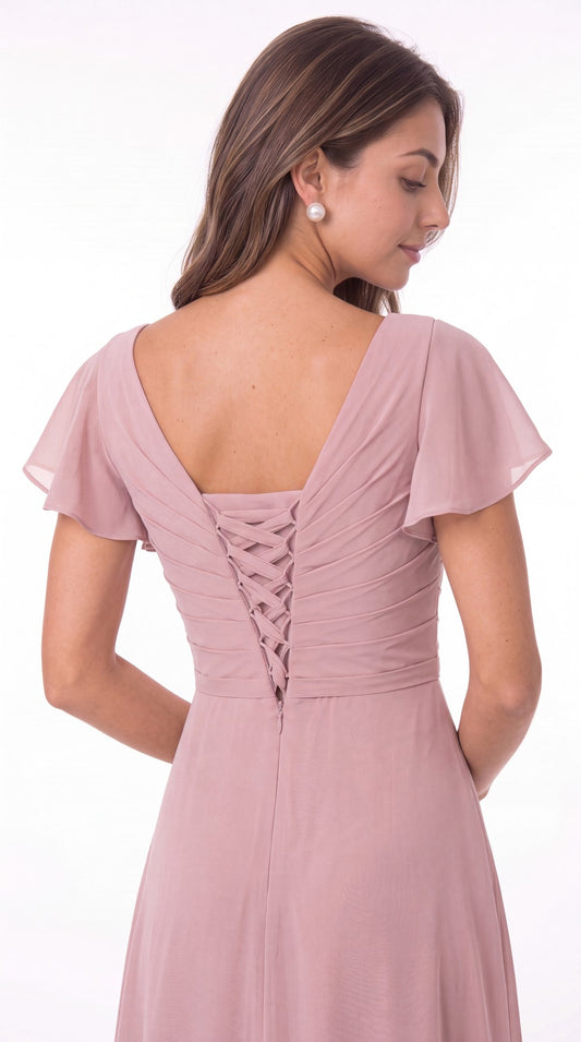 V-Neck Flutter Sleeve Chiffon Ruffle Maxi Gown - Detail View 5