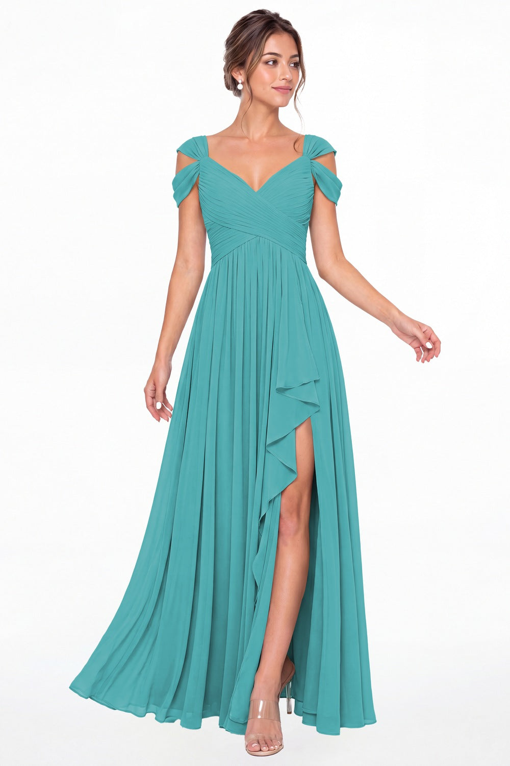 Aqua Blue V Neck Chiffon Ruched Ruffle Slit Bridesmaid Dress - Front View