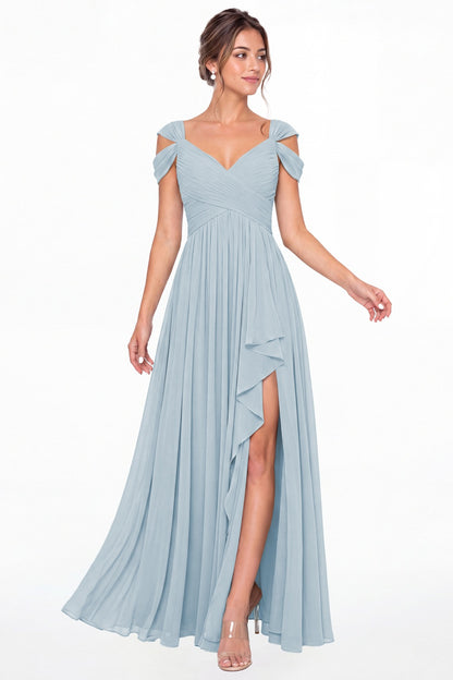 Baby Blue V Neck Chiffon Ruched Ruffle Slit Bridesmaid Dress - Front View