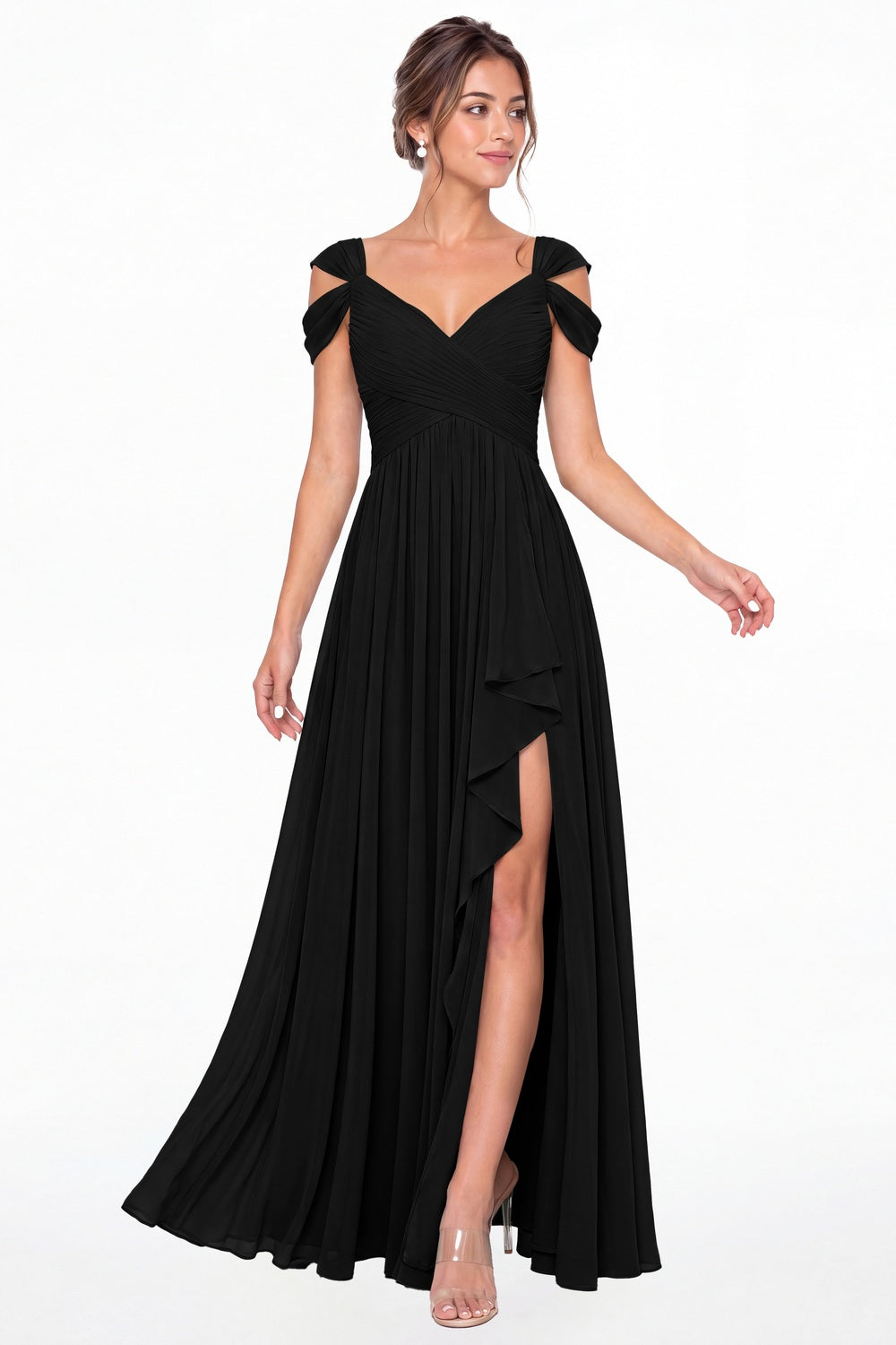 Black V Neck Chiffon Ruched Ruffle Slit Bridesmaid Dress - Front View