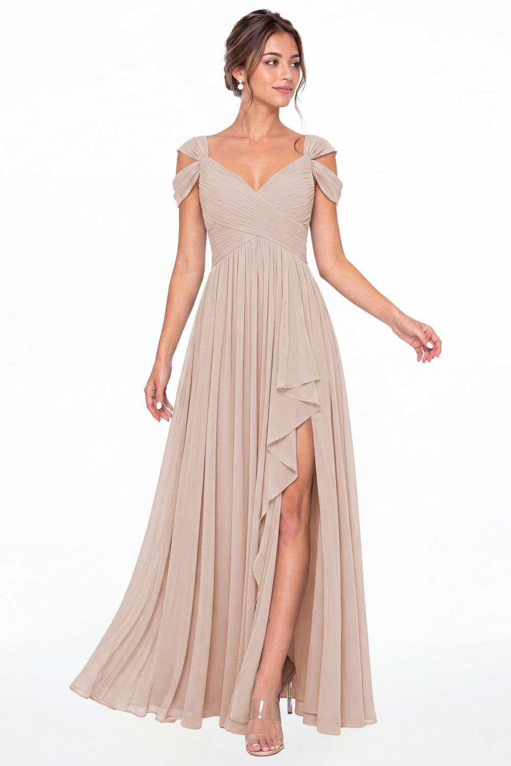 Blush Pink V Neck Chiffon Ruched Ruffle Slit Bridesmaid Dress - Front View