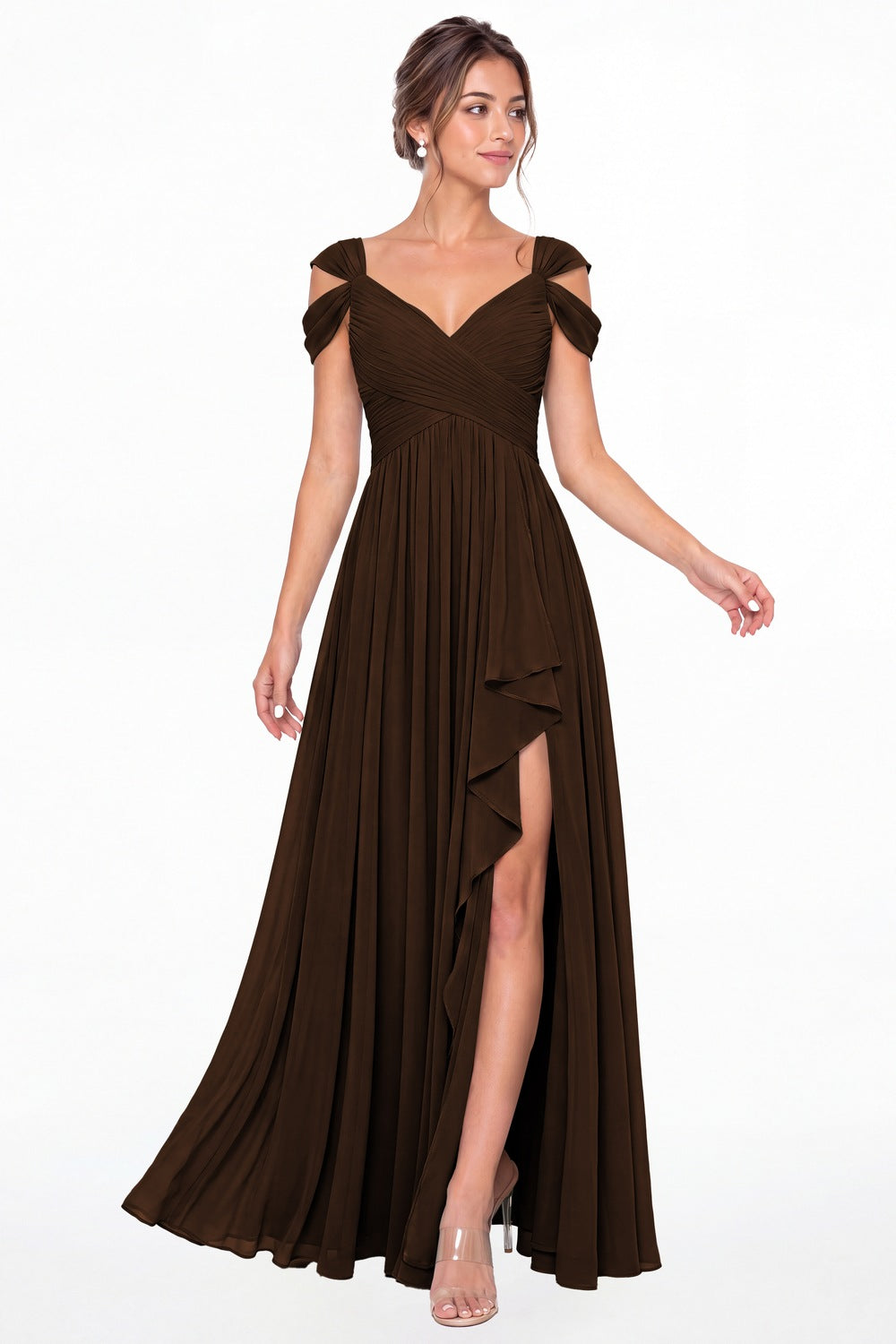 Brown V Neck Chiffon Ruched Ruffle Slit Bridesmaid Dress - Front View