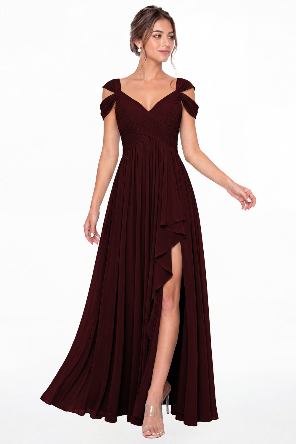 Burgundy V Neck Chiffon Ruched Ruffle Slit Bridesmaid Dress - Front View