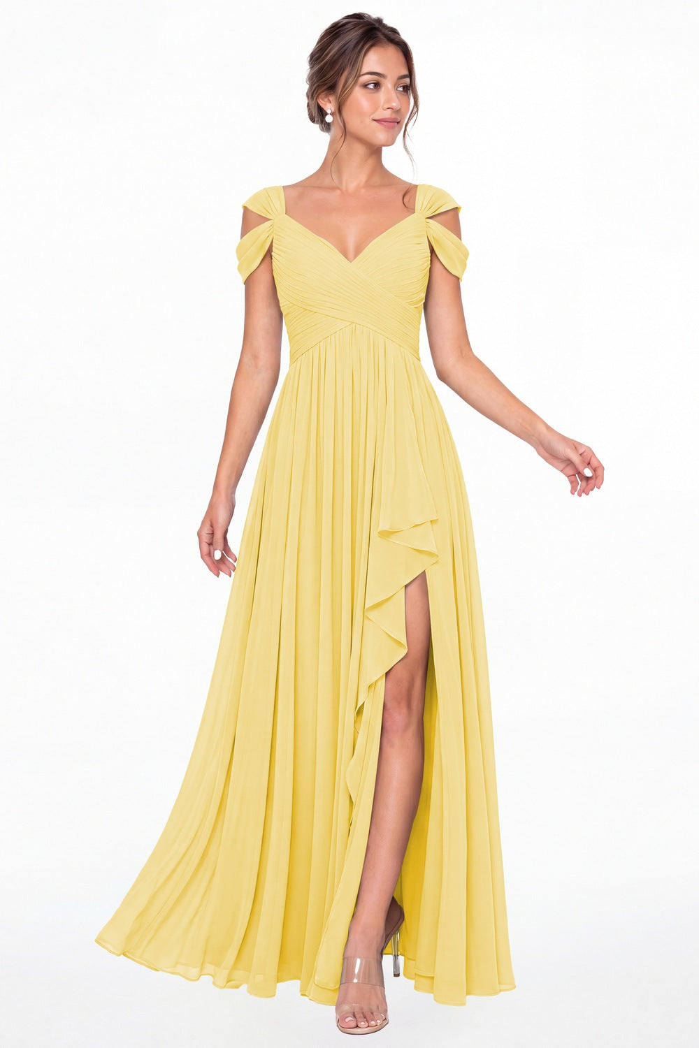 Butter Yellow V Neck Chiffon Ruched Ruffle Slit Bridesmaid Dress - Front View